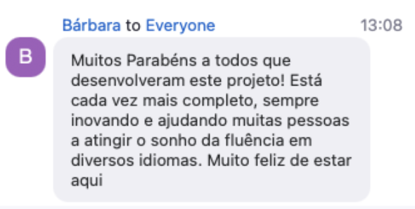 Depoimento de Bárbara — parabeniza o projeto e fala sobre ajudar pessoas a atingir a fluência em diversos idiomas