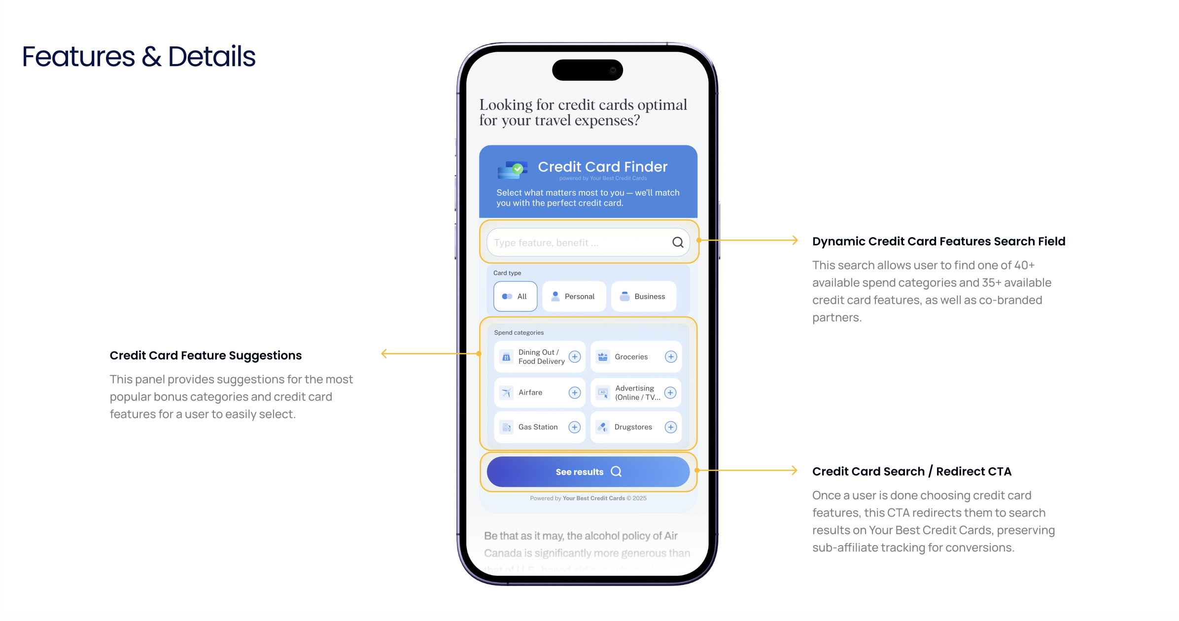 Card Finder widget features with annotated callouts showing dynamic search field, feature suggestions, and search redirect CTA