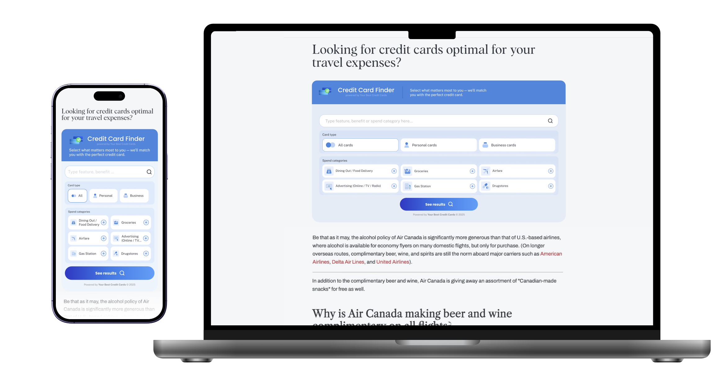 Card Finder widget on mobile and desktop showing responsive design and full feature set