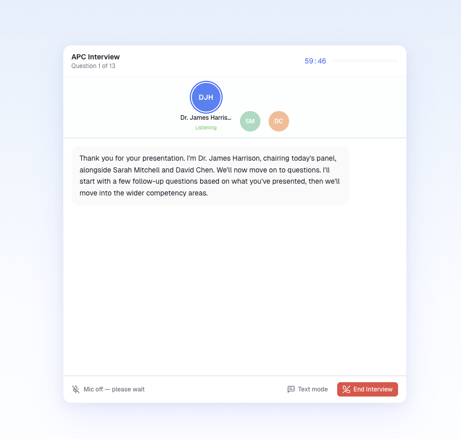 Practice Panel Interview showing Mocked Interview with 3 AI assessors and a live conversation