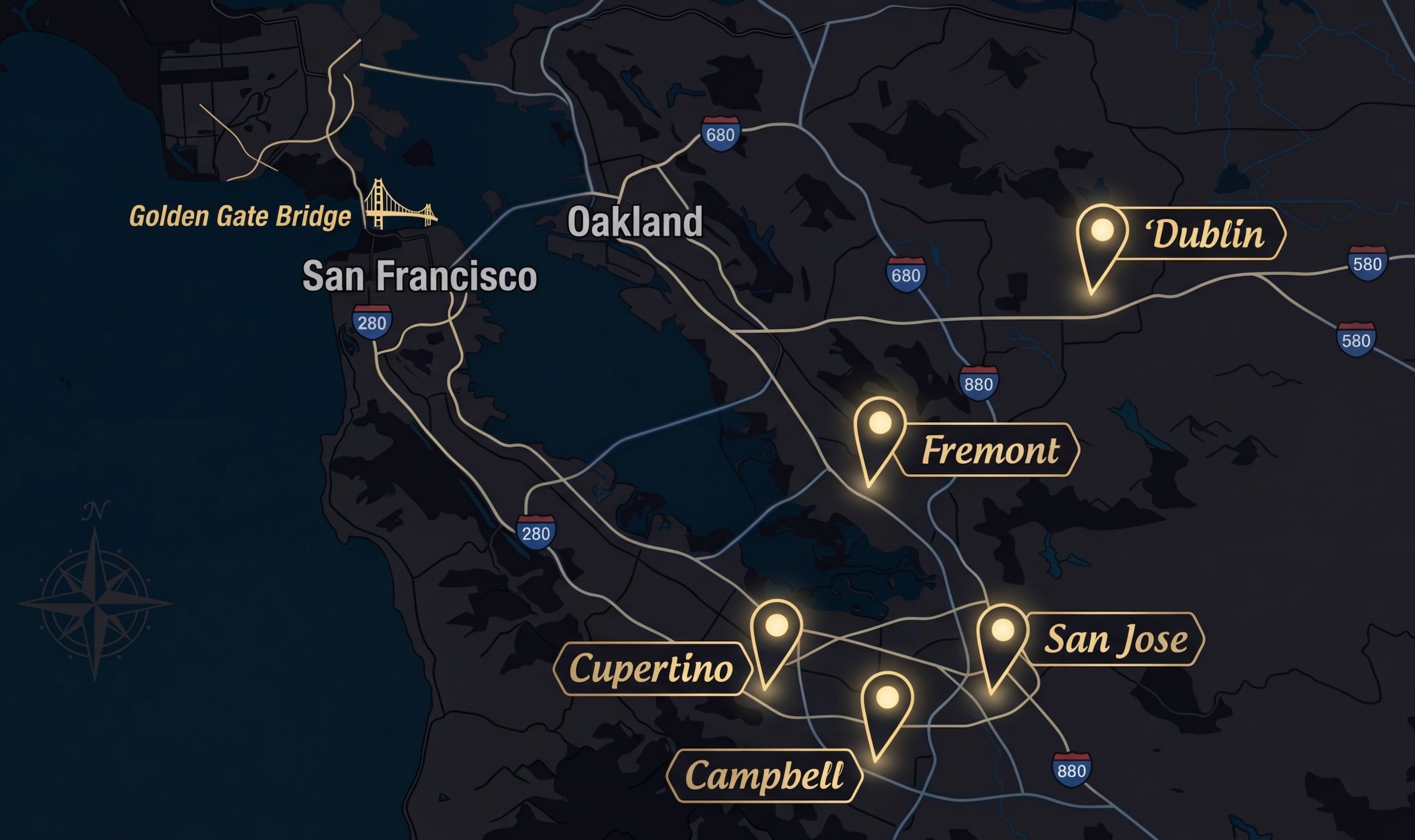 SF Bay Area map showing 5 training locations: Campbell, Cupertino, Fremont, Dublin, and San Jose