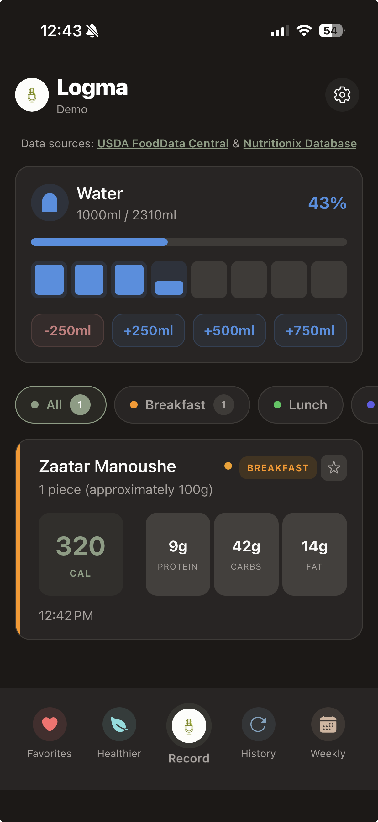 Food log showing Zaatar Manoushe with macros
