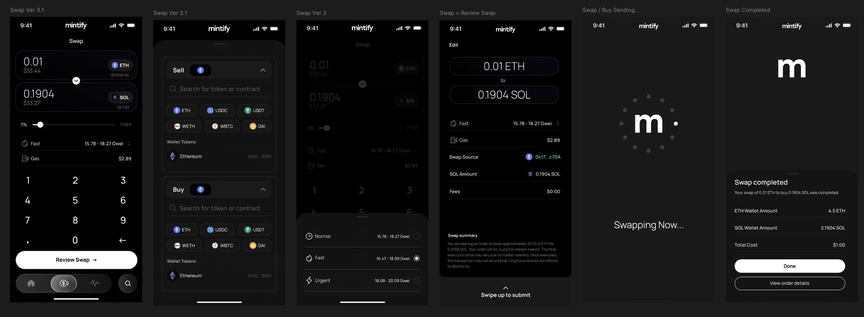 Cross-chain swap flow from token selection through completion