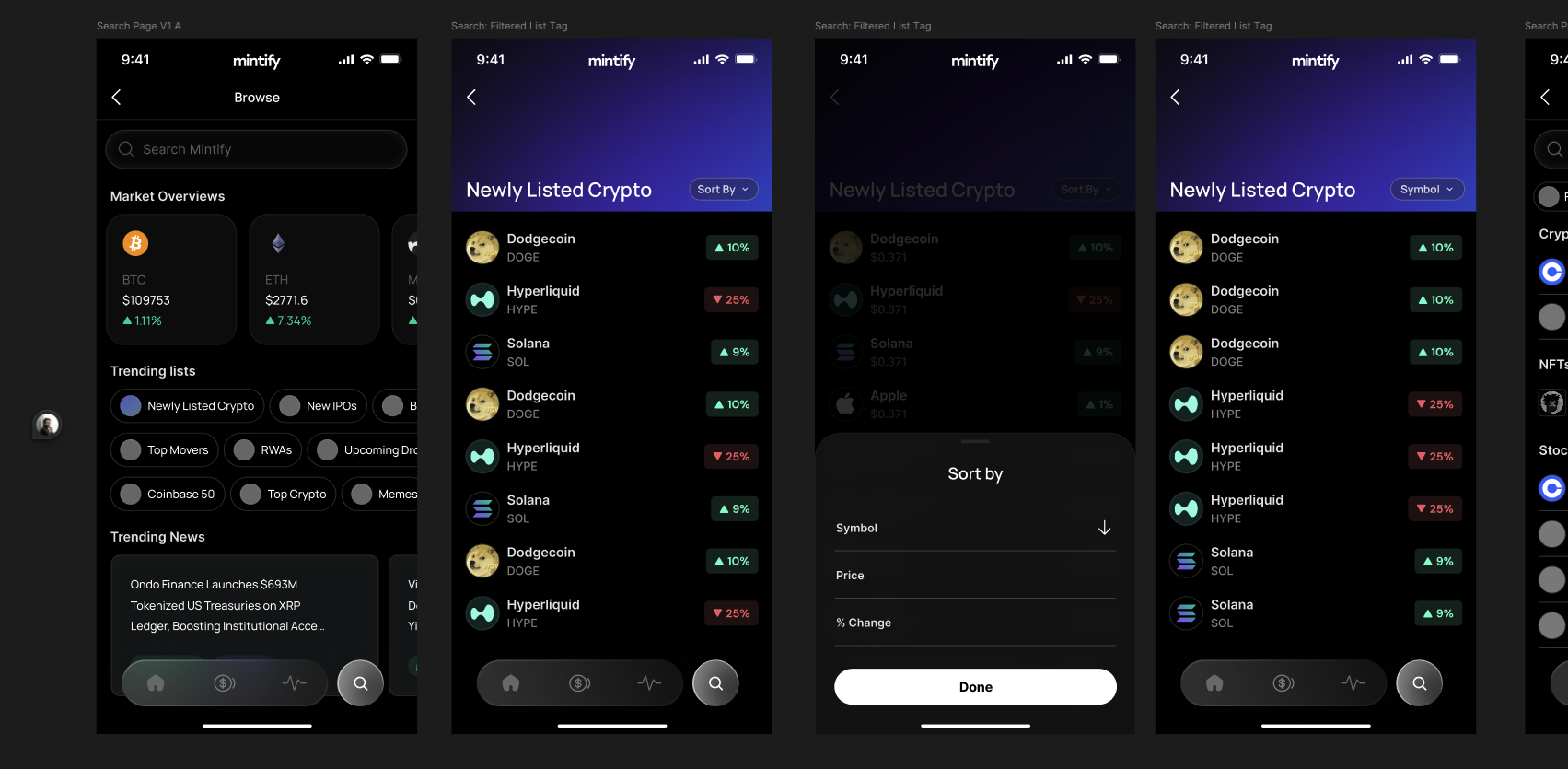 Browse and discovery screens with market overviews and trending lists