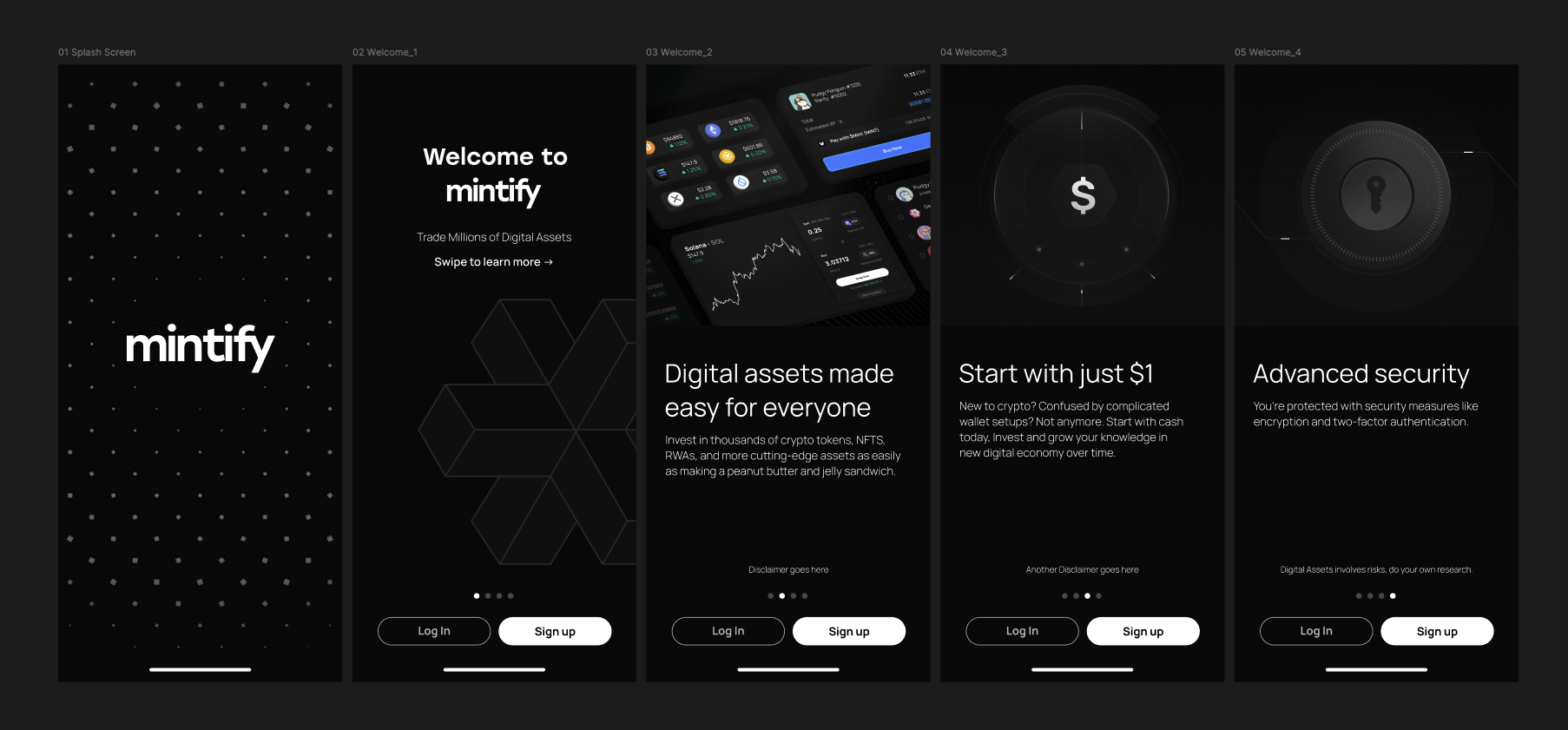 Mintify onboarding carousel — splash, welcome, and feature introduction screens