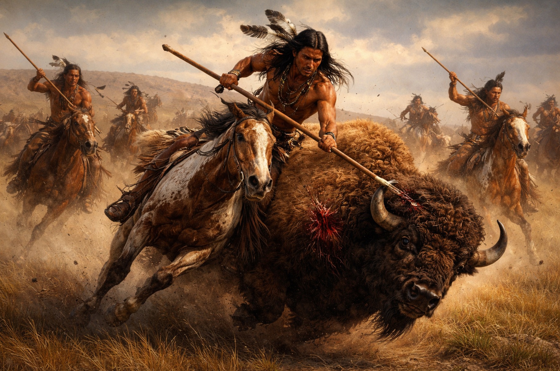 Native Americans hunting buffalo - honoring the first stewards of American land and conservative values of stewardship