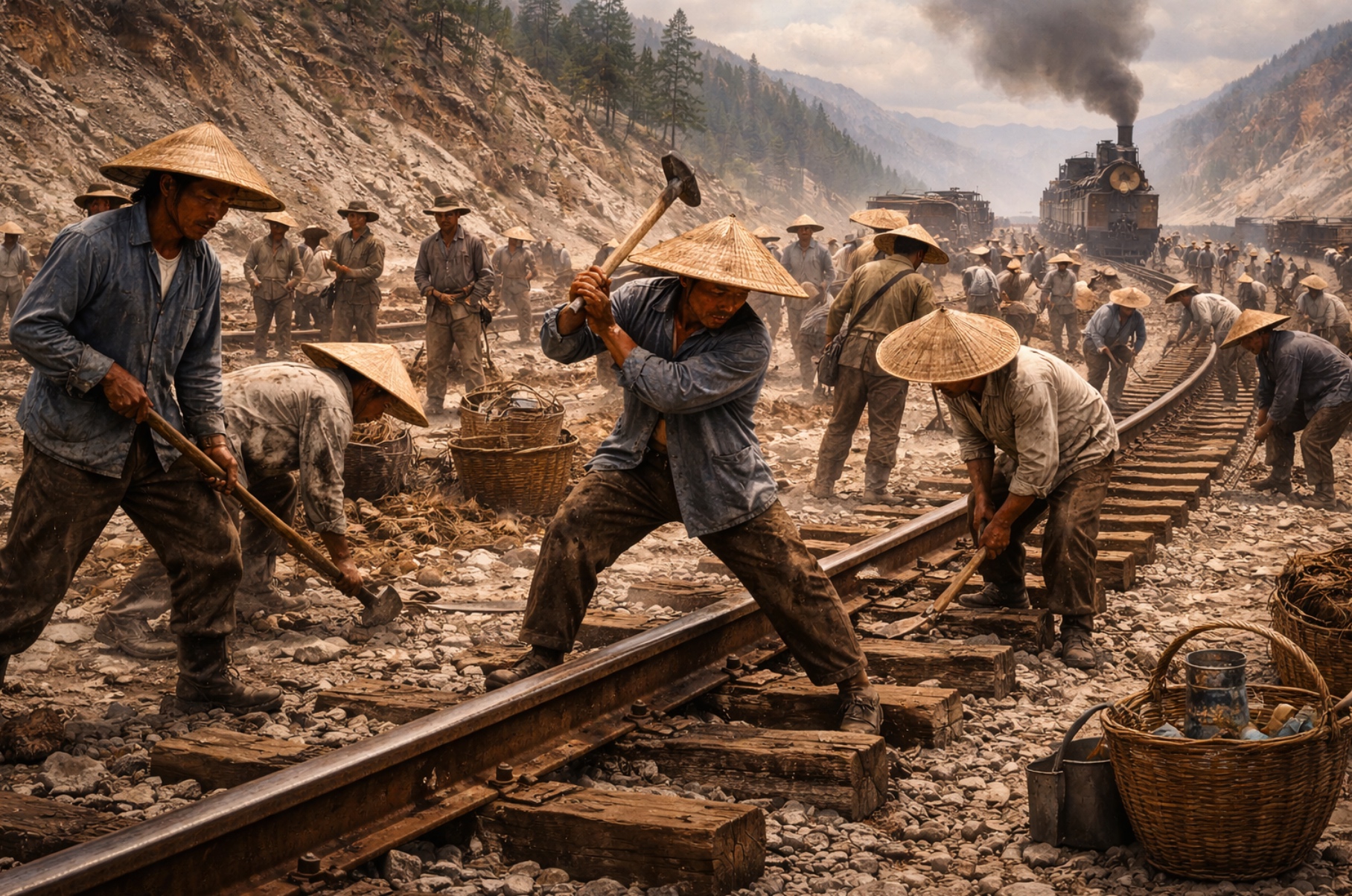 Workers building the Pacific Railway - American infrastructure built through hard work and determination