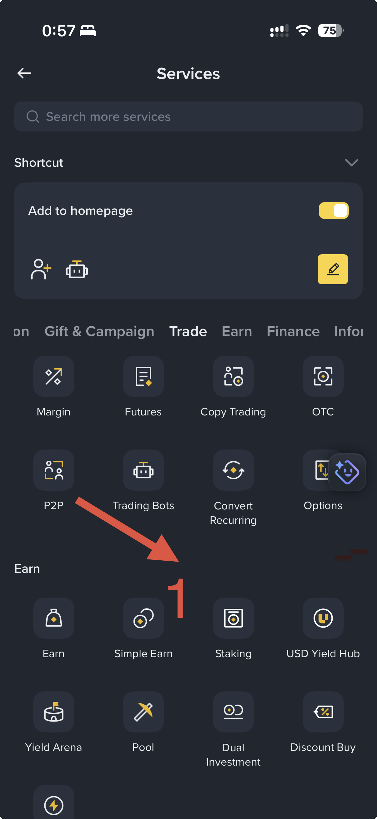 Binance app Services screen showing P2P entry point
