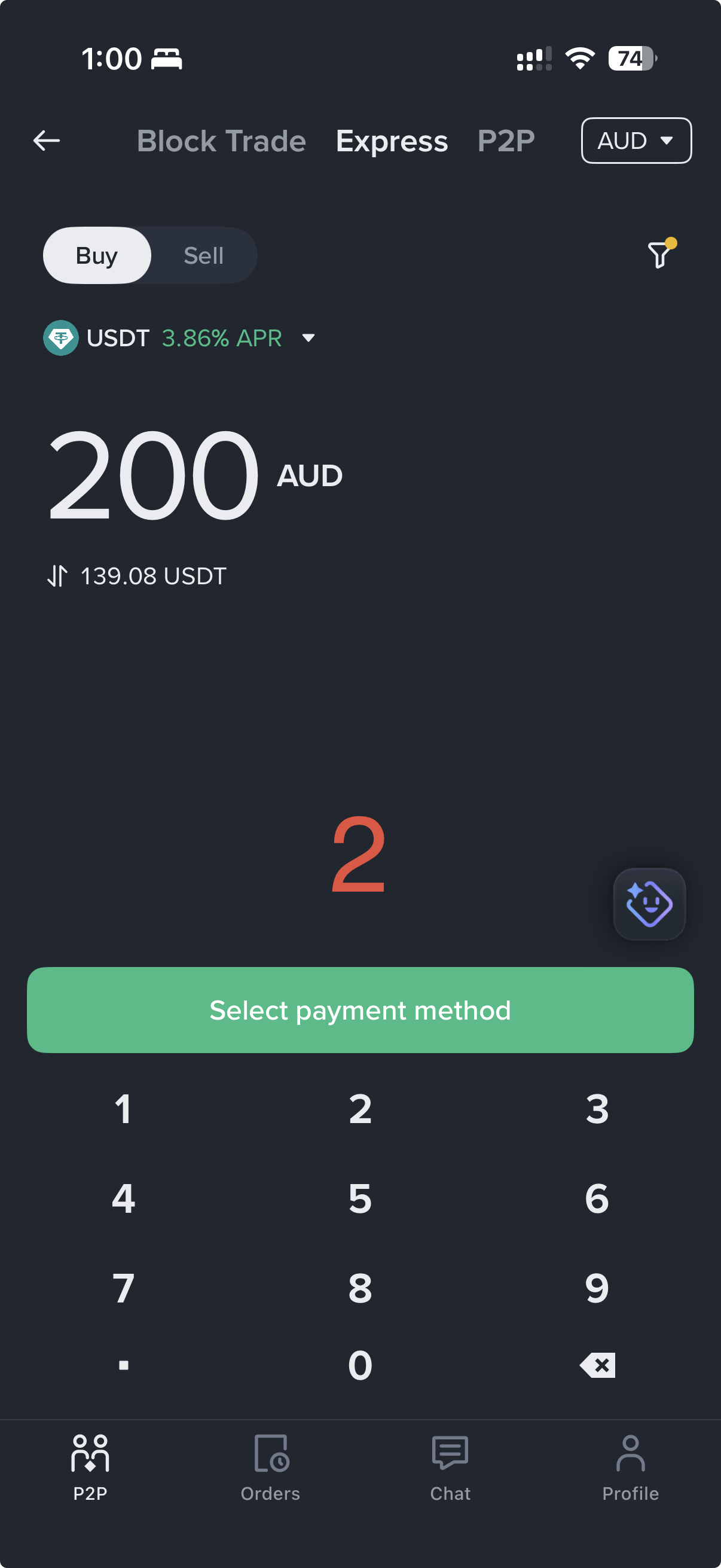 Binance P2P Express screen showing 200 AUD = 139.08 USDT