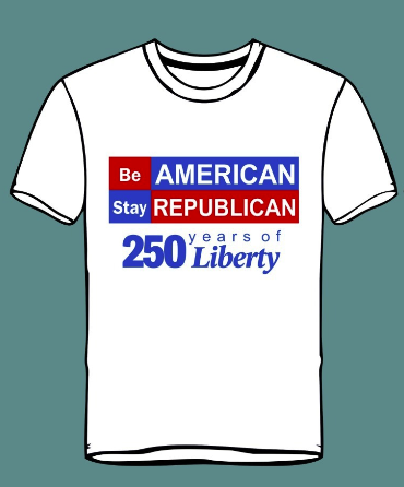 Be American Stay Republican patriotic t-shirt in White - front view with B.A.S.R logo and 250 Years of Liberty - Conservative Republican apparel