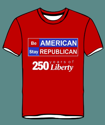 Be American Stay Republican patriotic t-shirt in Red - front view with B.A.S.R logo and 250 Years of Liberty - Conservative Republican apparel