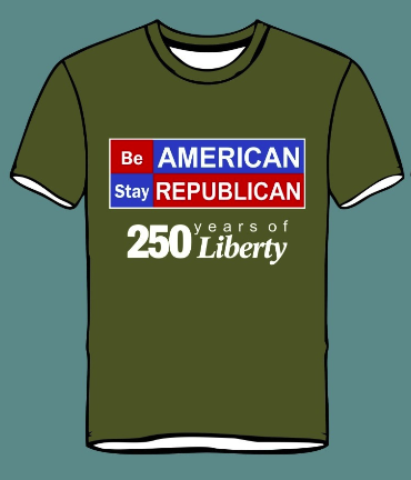 Be American Stay Republican patriotic t-shirt in Military Green - front view with B.A.S.R logo and 250 Years of Liberty - Conservative Republican apparel