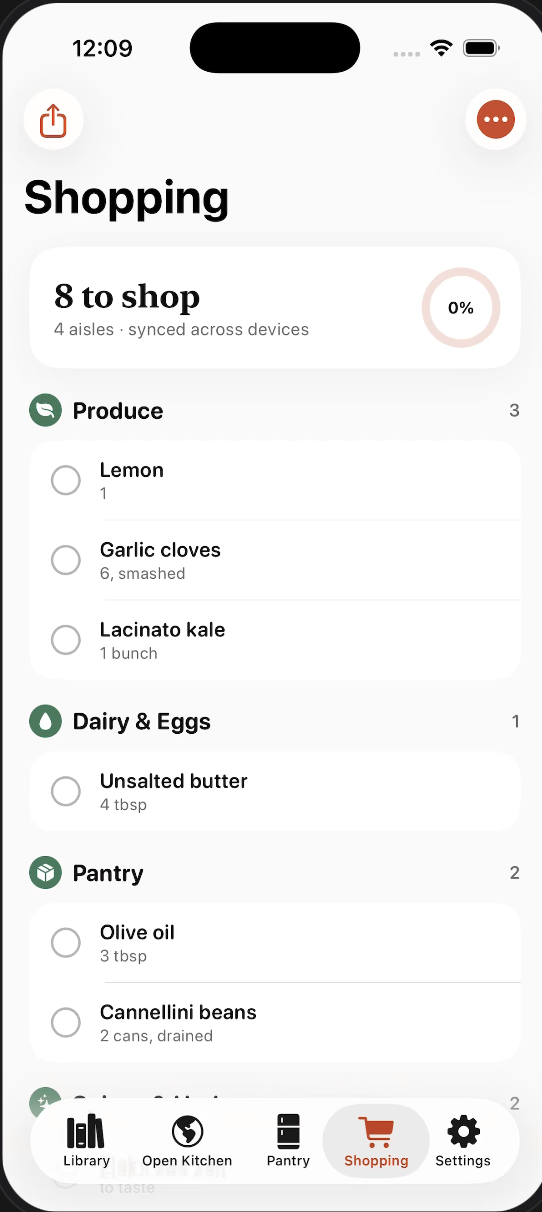Shopping list with pantry indicators