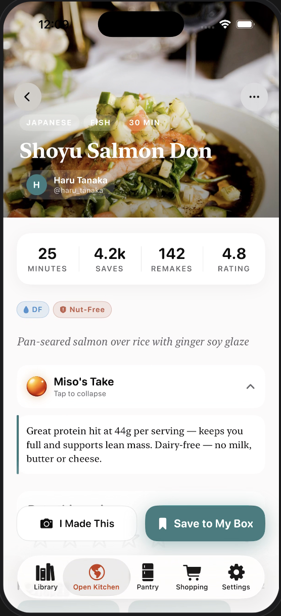 Recipe with nutrition breakdown and Miso's Take