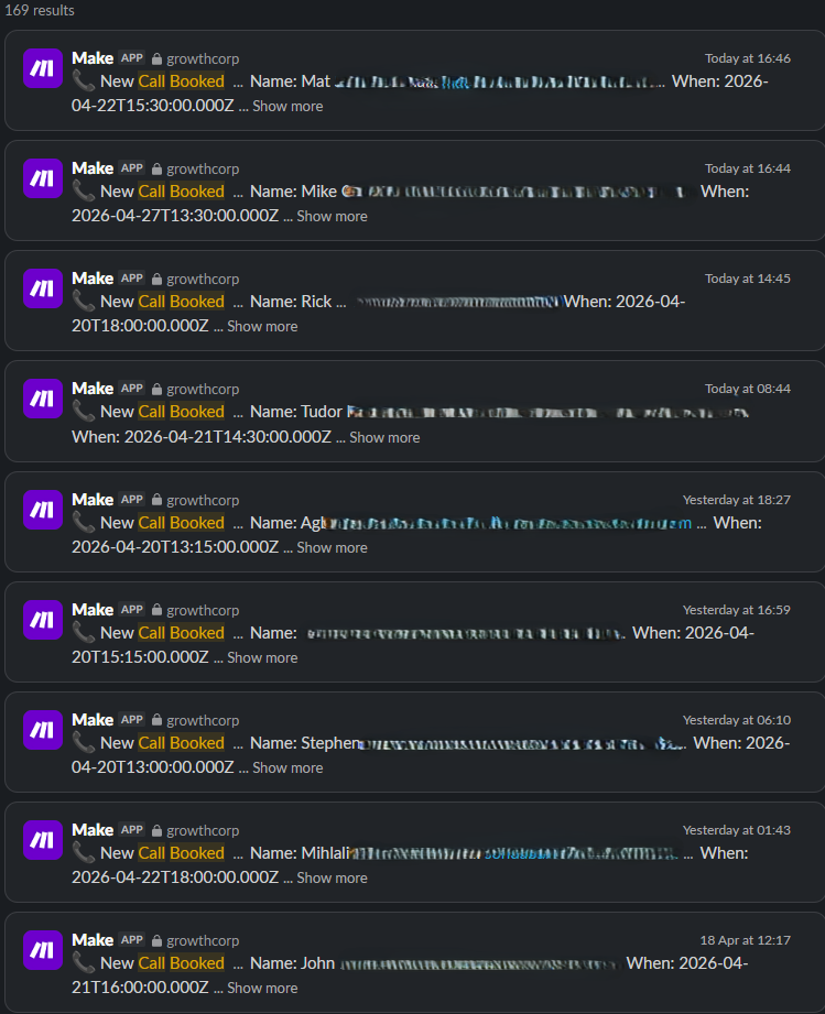 169 calls booked via Make automation