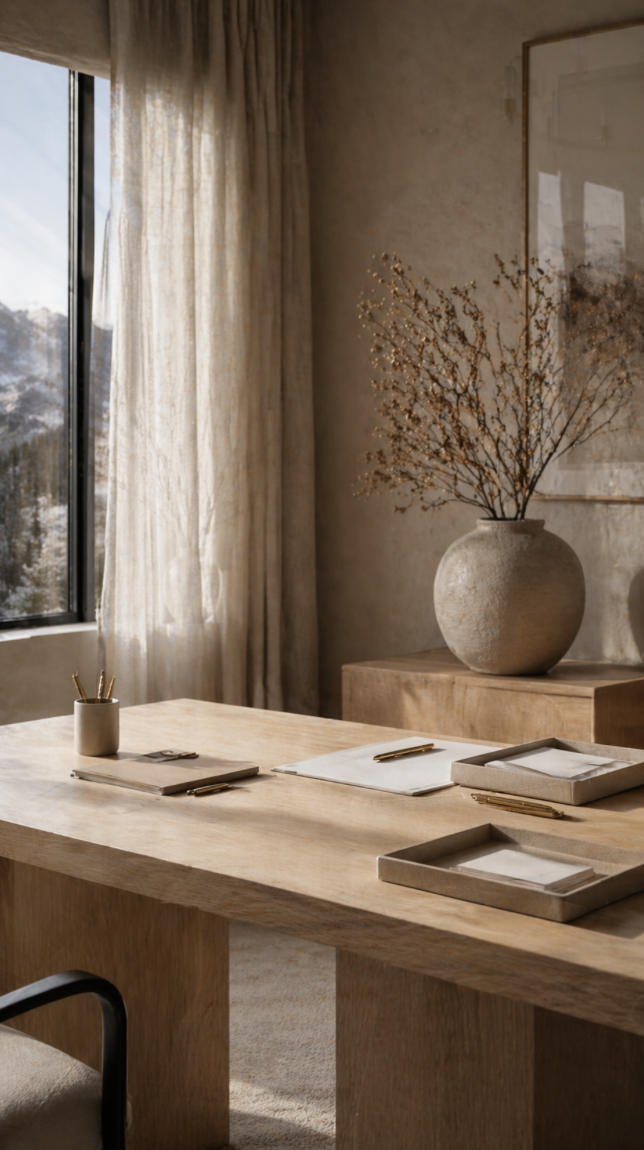 Elegant desk workspace with mountain views