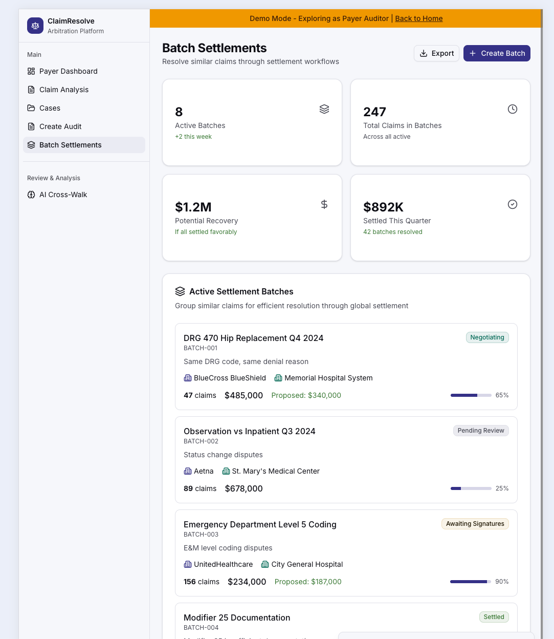 ClaimResolve Batch Settlements showing active batches and settlement workflow