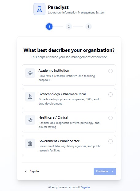 Paraclyst onboarding step 1 — organisation type selector with four options