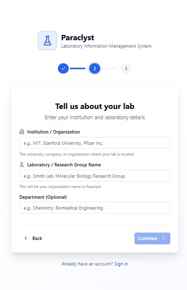 Paraclyst onboarding step 2 — institution and laboratory name entry form
