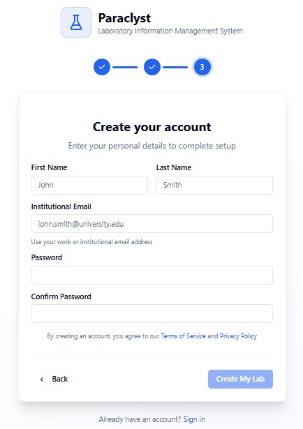 Paraclyst onboarding step 3 — account creation form with name, email and password fields