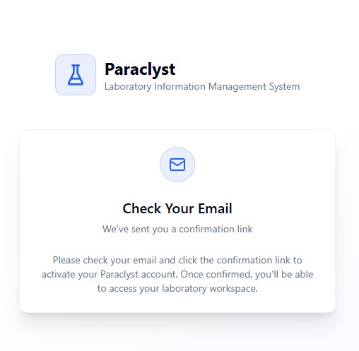 Paraclyst check your email confirmation screen after successful signup