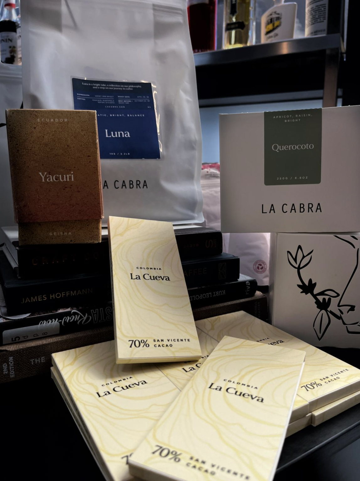 La Cabra specialty coffee beans — Luna, Yacuri, Querocoto — at Monolith Coffee Bar Malta