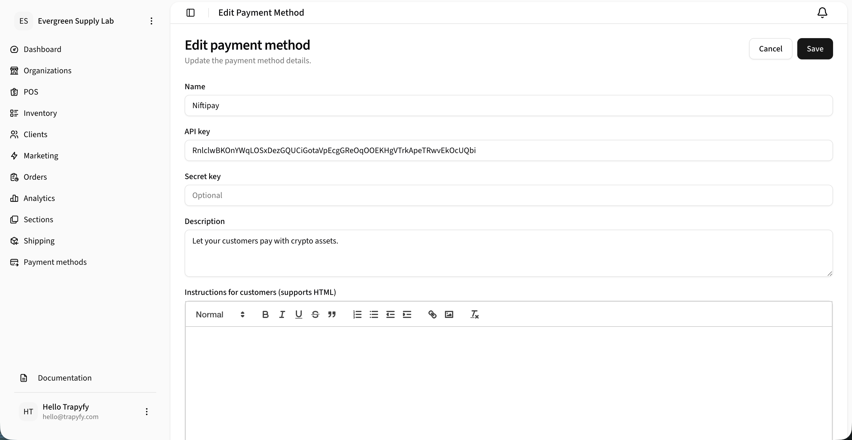 Edit Payment Method page for Niftipay showing Name, API key, Secret key (optional), Description, and Instructions for customers rich text editor