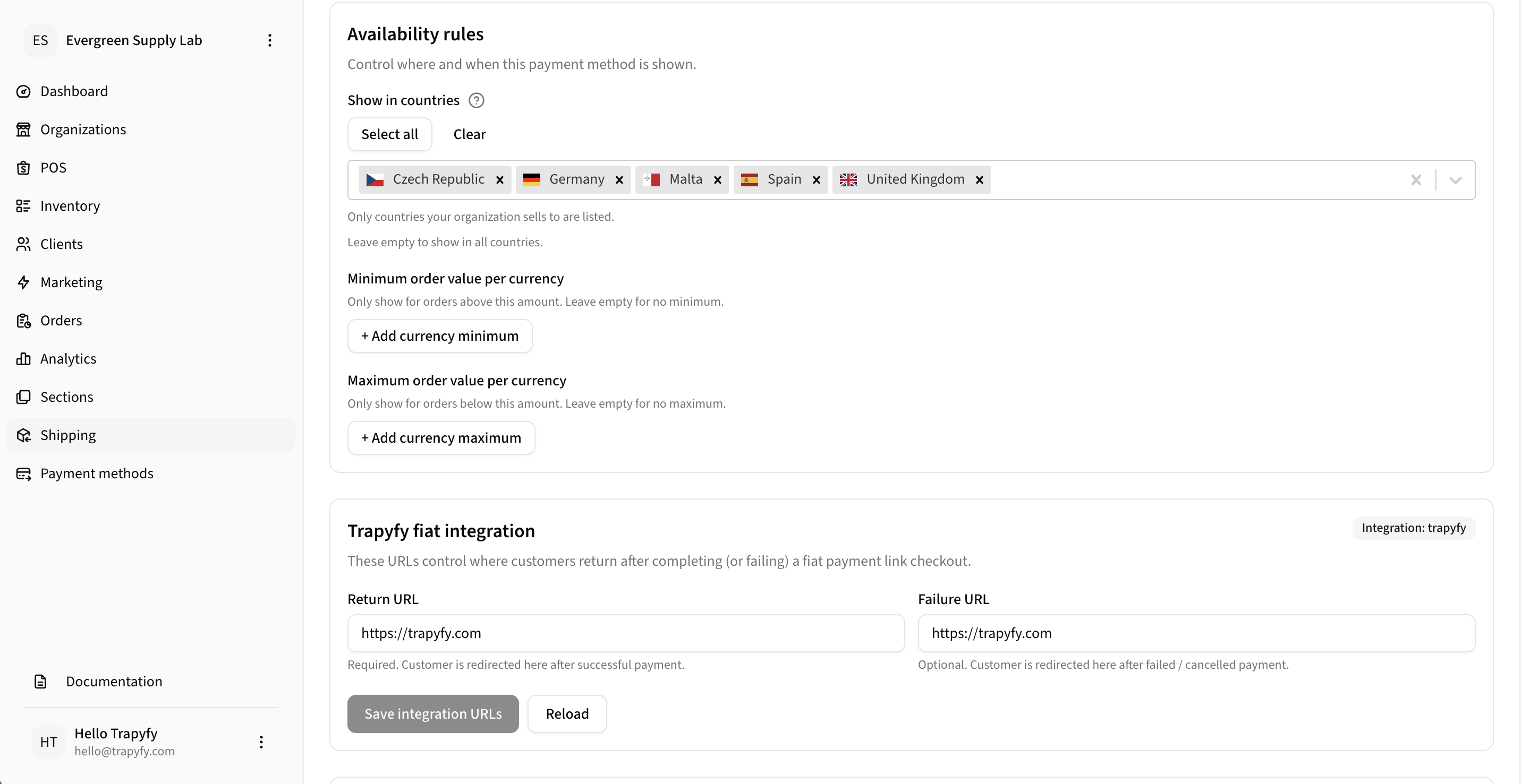 Availability rules showing Show in countries with Czech Republic, Germany, Malta, Spain, United Kingdom selected, minimum and maximum order value per currency, and Trapyfy fiat integration section with Return URL and Failure URL fields