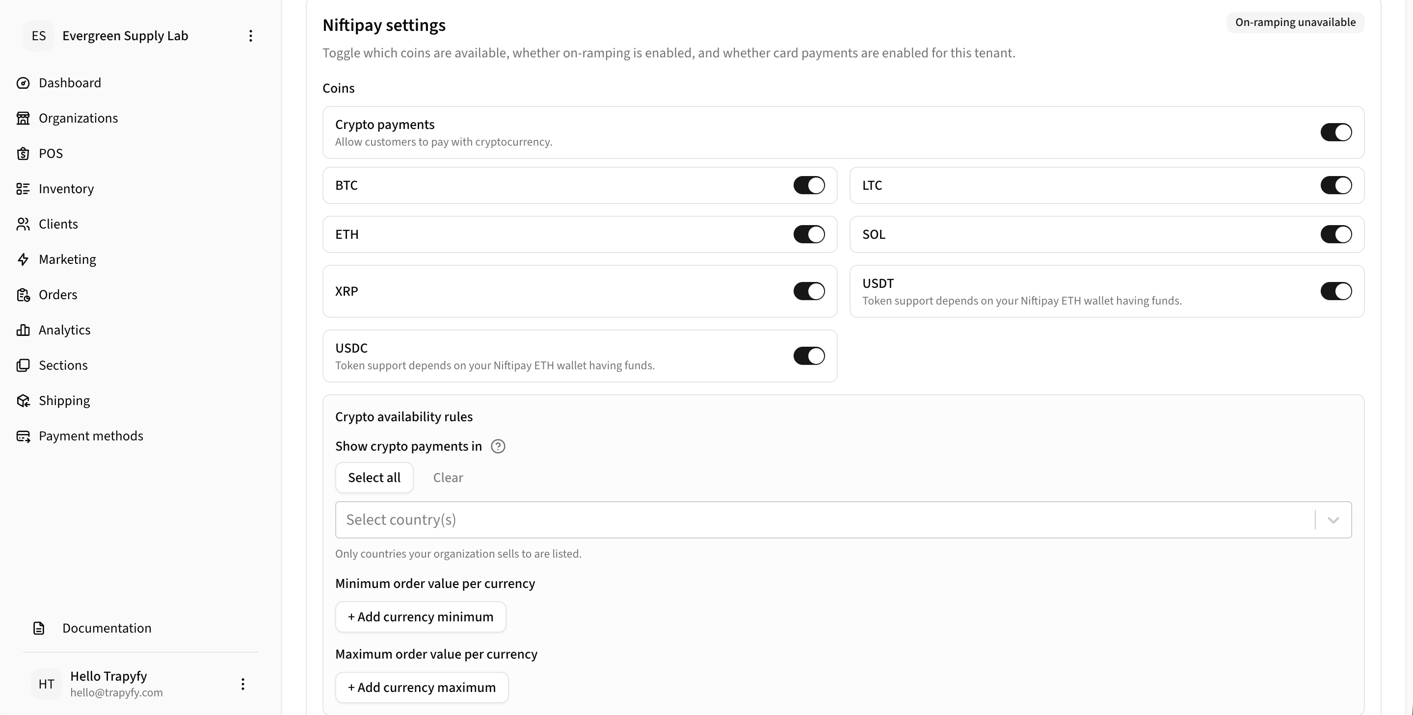 Niftipay settings showing Coins section with Crypto payments toggle on, individual coin toggles for BTC, LTC, ETH, SOL, XRP, USDT, USDC, and Crypto availability rules with country selector