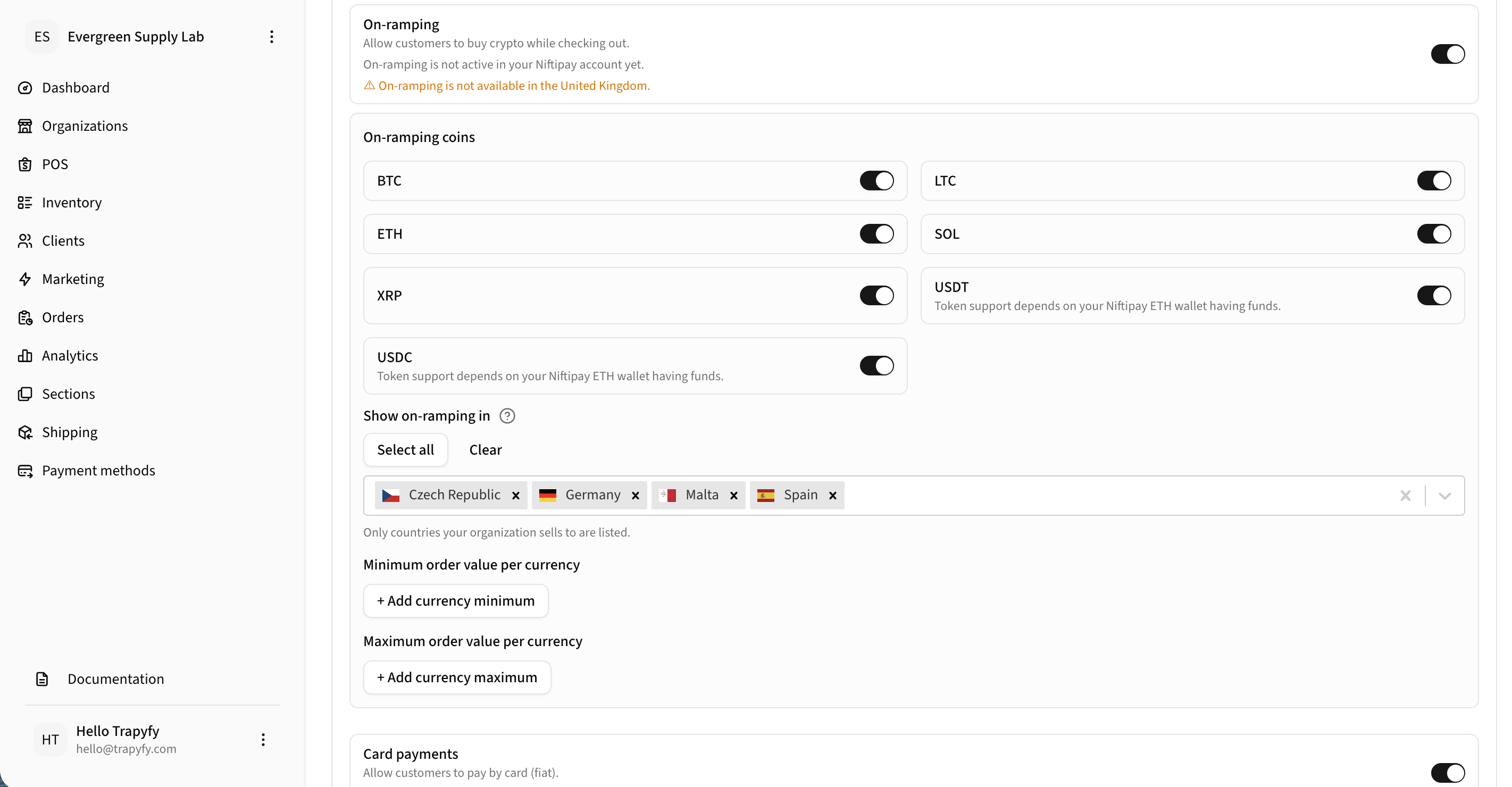 On-ramping settings showing On-ramping toggle, supported coins (BTC, LTC, ETH, SOL, XRP, USDT, USDC), Show on-ramping in country selector with Czech Republic, Germany, Malta, Spain selected, and min/max order value fields
