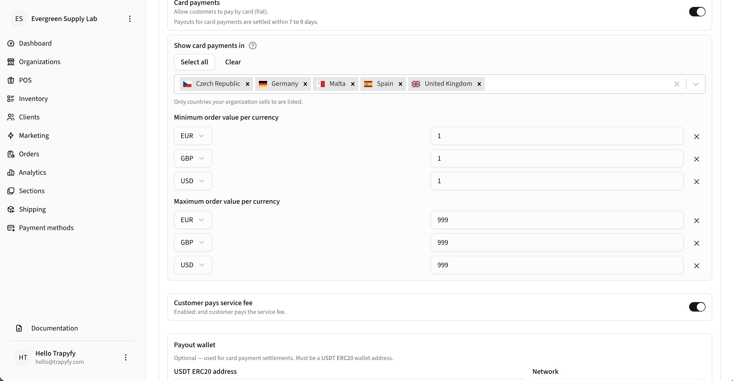 Card payments settings showing country availability with Czech Republic, Germany, Malta, Spain, United Kingdom selected, per-currency min/max values (EUR, GBP, USD: min 1, max 999), Customer pays service fee toggle enabled, and Payout wallet section