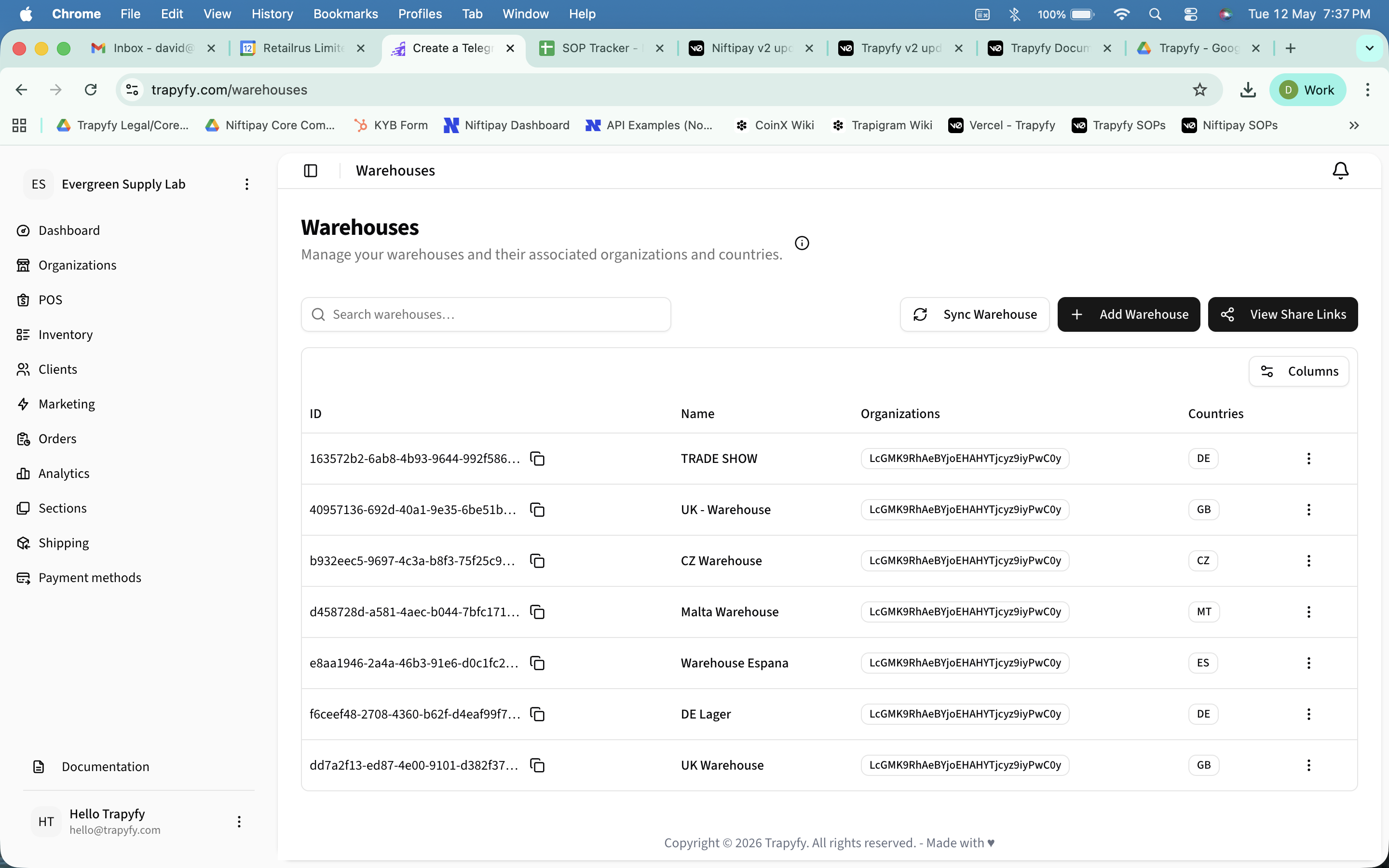 Warehouses list showing ID, Name, Organizations, Countries columns with rows for TRADE SHOW (DE), UK-Warehouse (GB), CZ Warehouse (CZ), Malta Warehouse (MT), Warehouse Espana (ES), DE Lager (DE), UK Warehouse (GB)