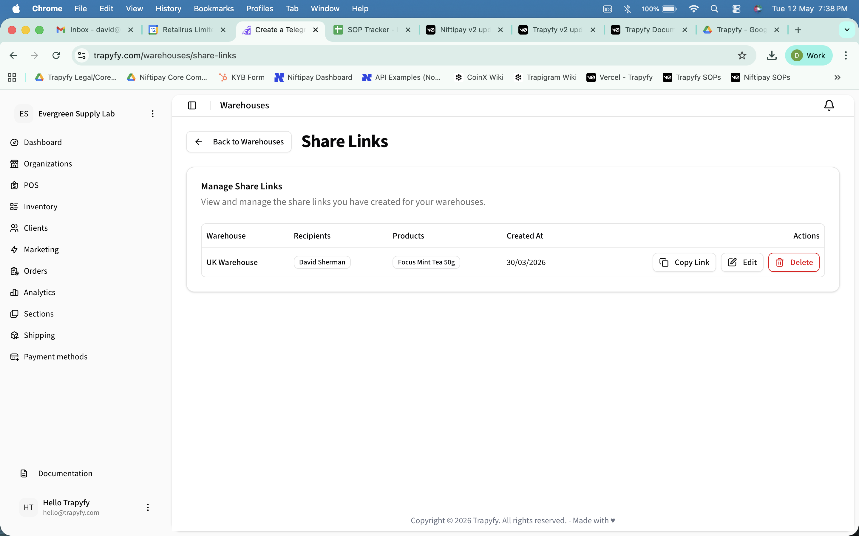 Share Links page showing a table with Warehouse, Recipients, Products, Created At, and Actions columns. One row shows UK Warehouse linked to David Sherman for Focus Mint Tea 50g created 30/03/2026, with Copy Link, Edit, and Delete actions
