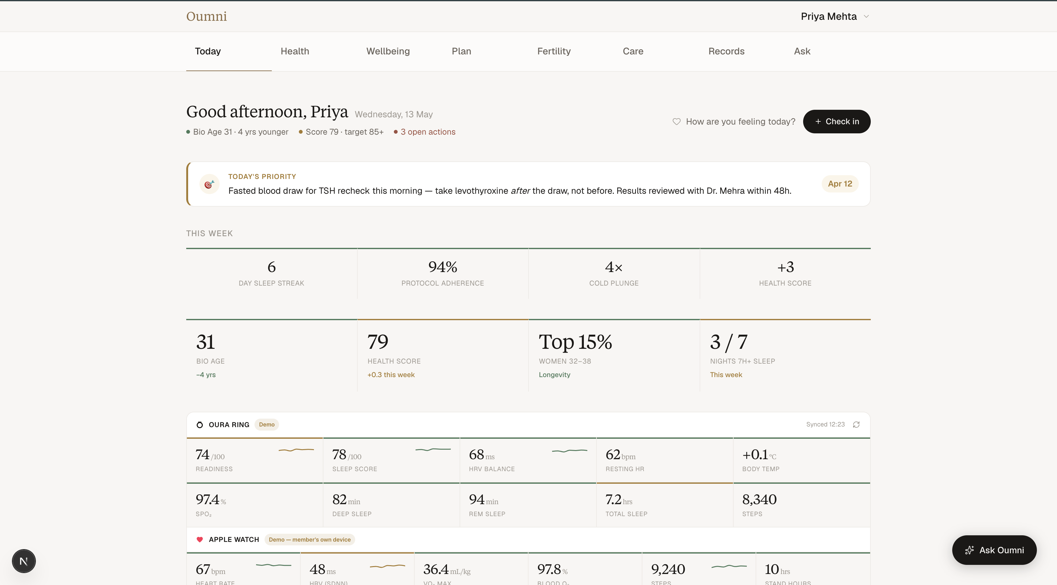 Member view — Today dashboard with bio age, health score, this week summary and connected devices