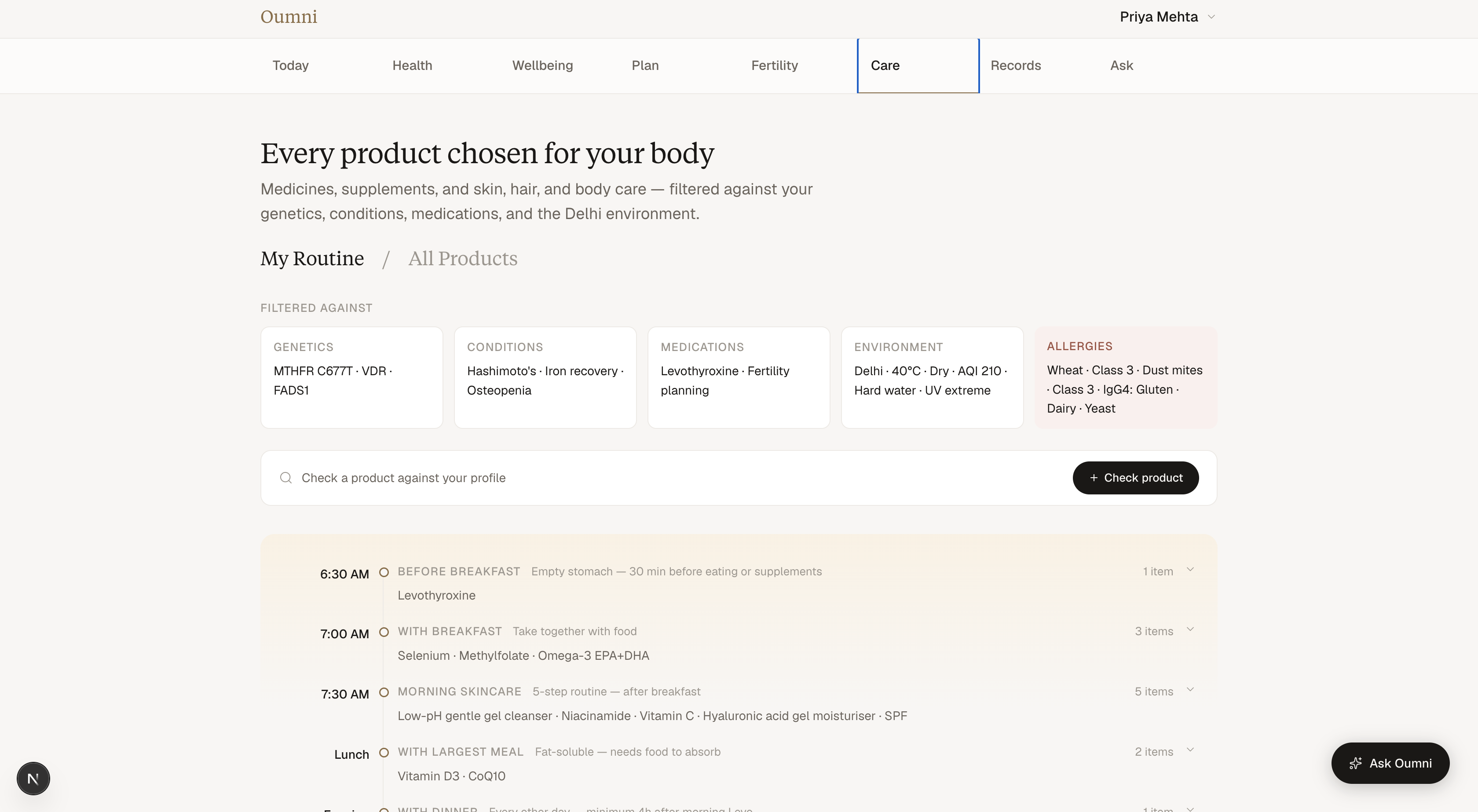 Care · routine filtered against genetics, conditions, medications, Delhi environment (AQI 210), and allergies