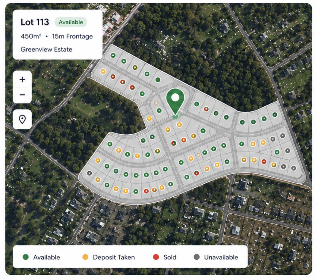 RealtyCMS Interactive Master Plan showing live lot availability and status indicators