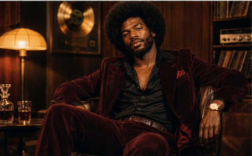 Leon Valentine Commission Records burgundy velvet suit lounge promotional photo