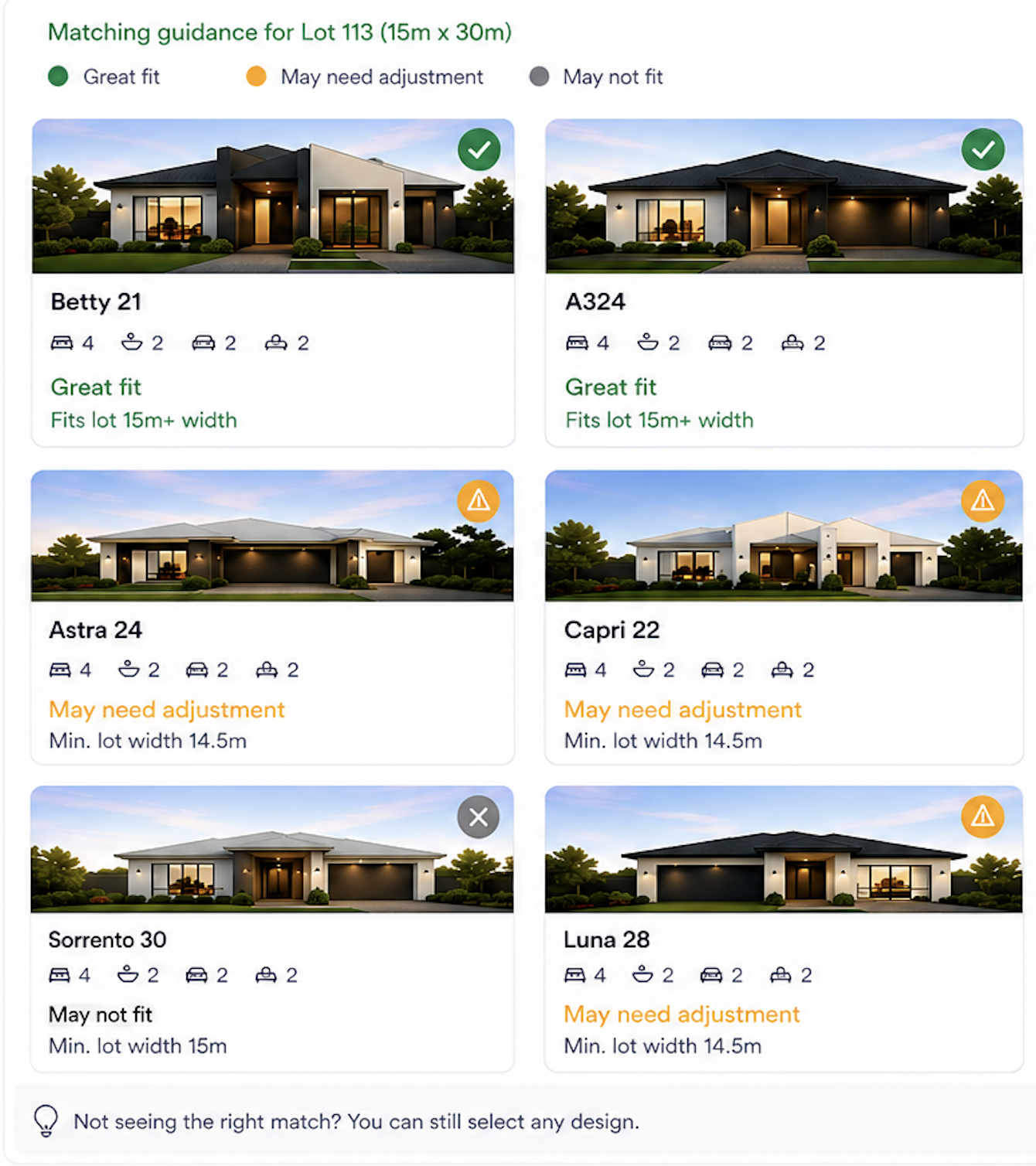 Matching guidance interface showing house designs with compatibility indicators for Lot 113
