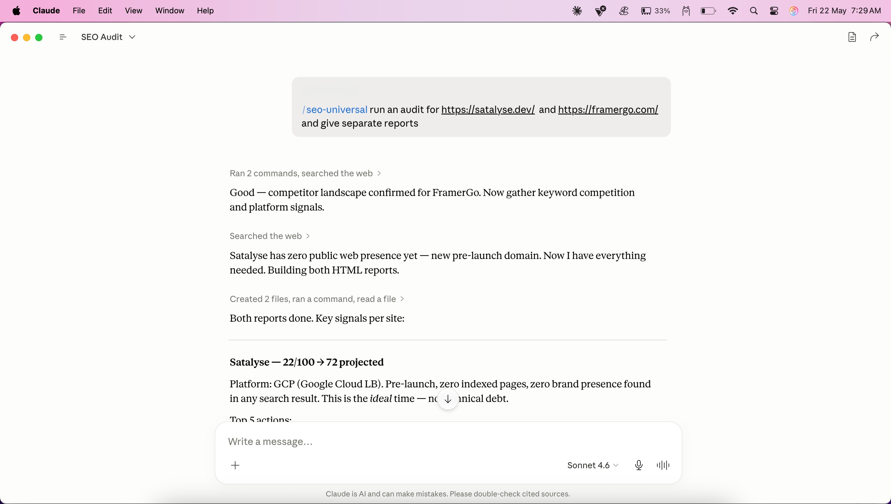 Claude chat showing /seo-universal command usage to run SEO audit for satalyse.dev and framergo.com