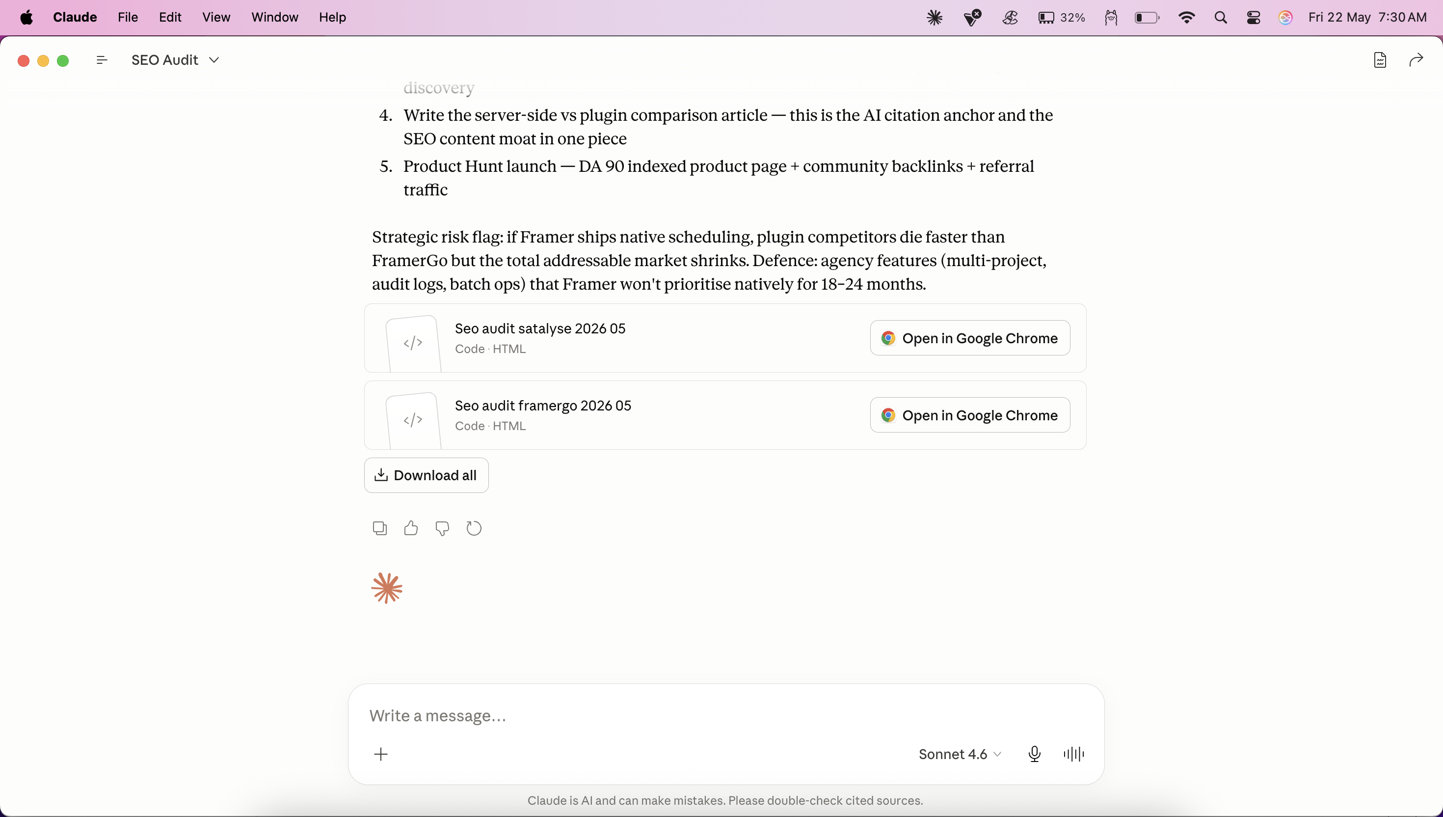 Claude output showing completed SEO audit with downloadable HTML files