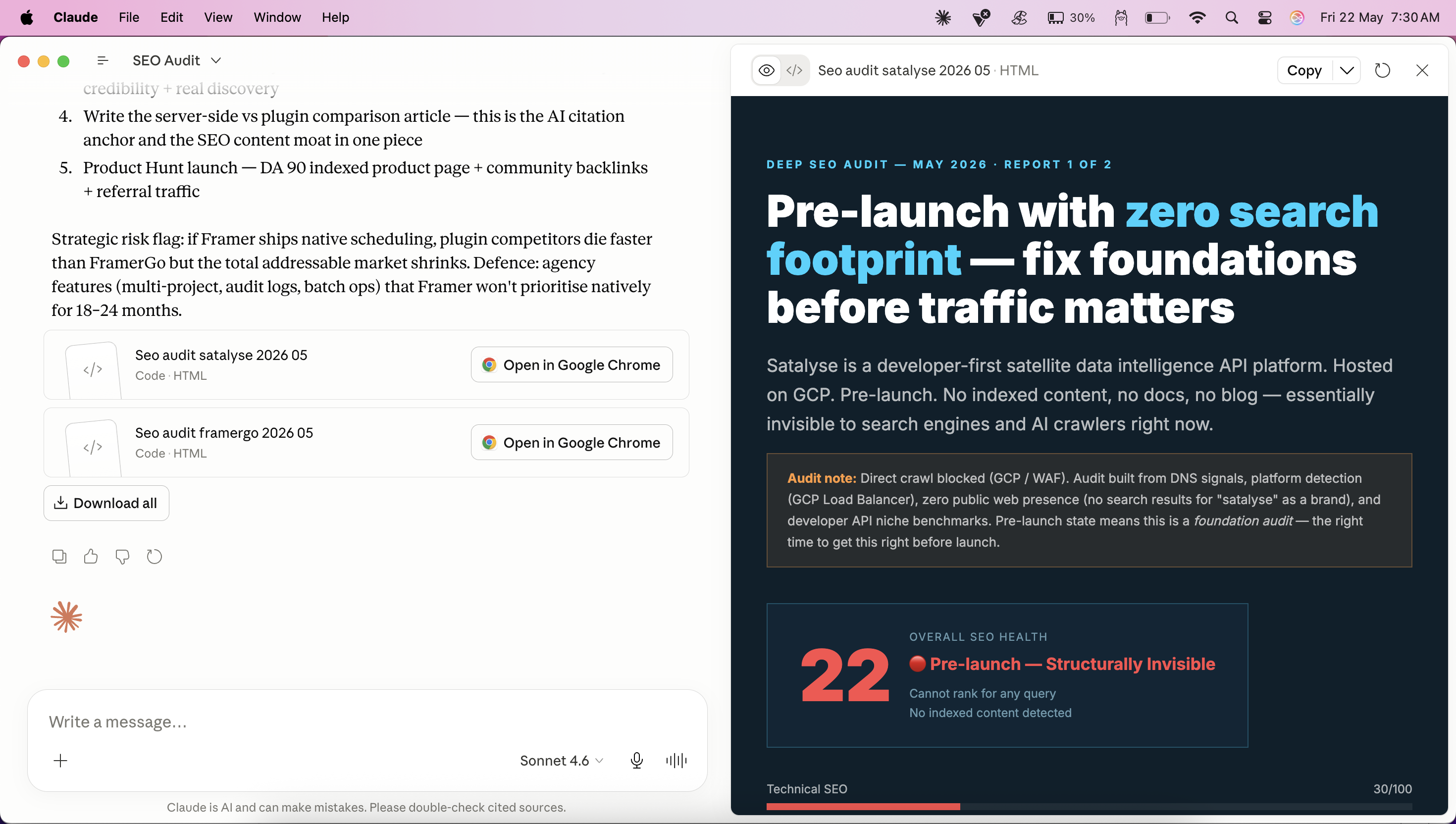 Full SEO audit report showing scores, analysis, and recommendations for Satalyse