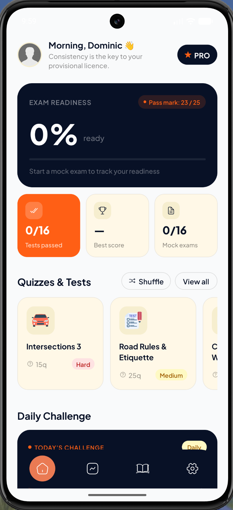 ZimDrive app showing exam readiness dashboard