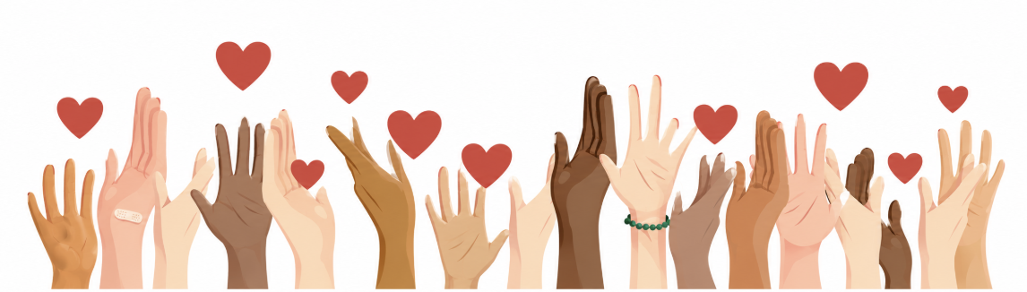 Diverse hands raised with hearts