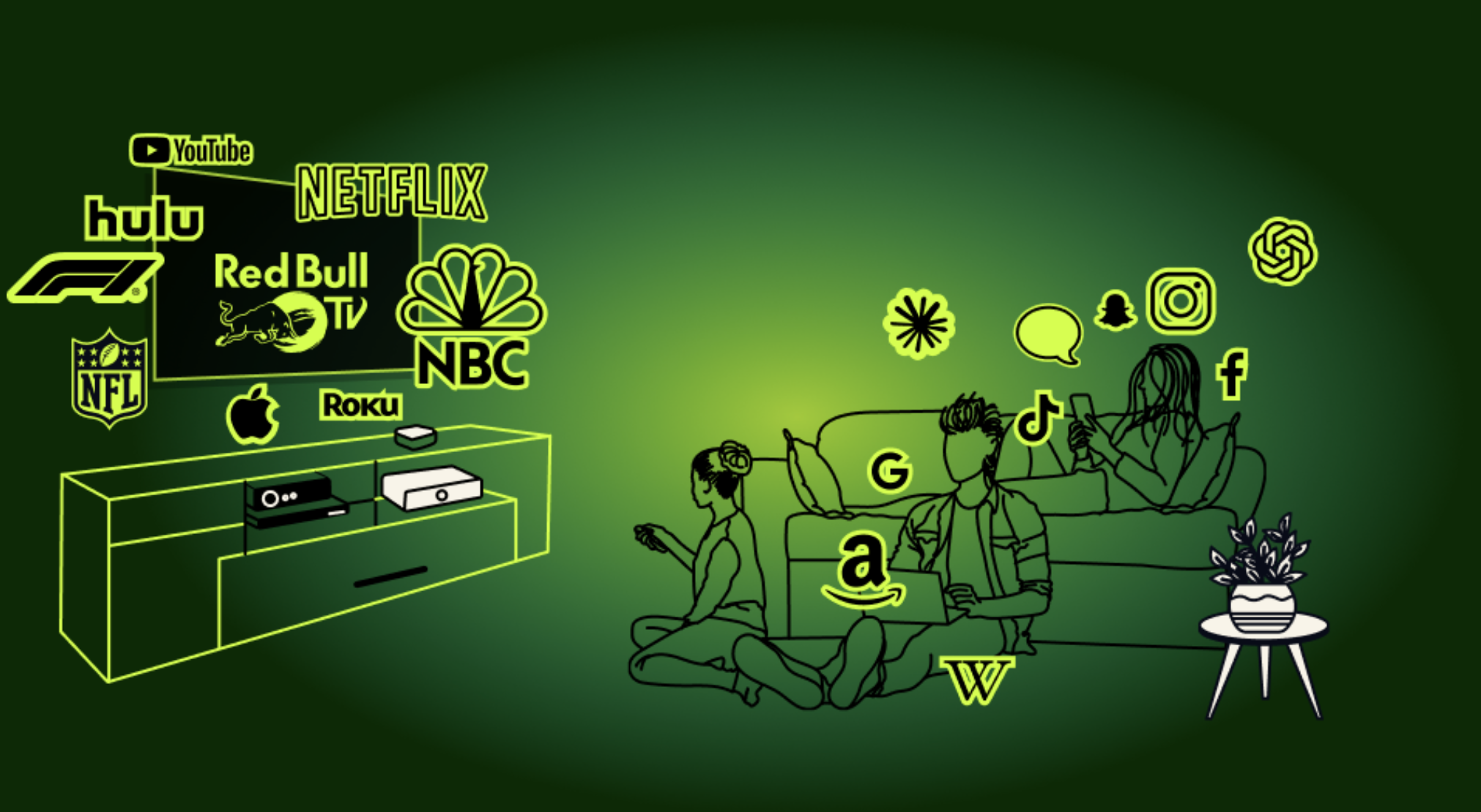 Modern household with multiple screens showing various streaming services and social media