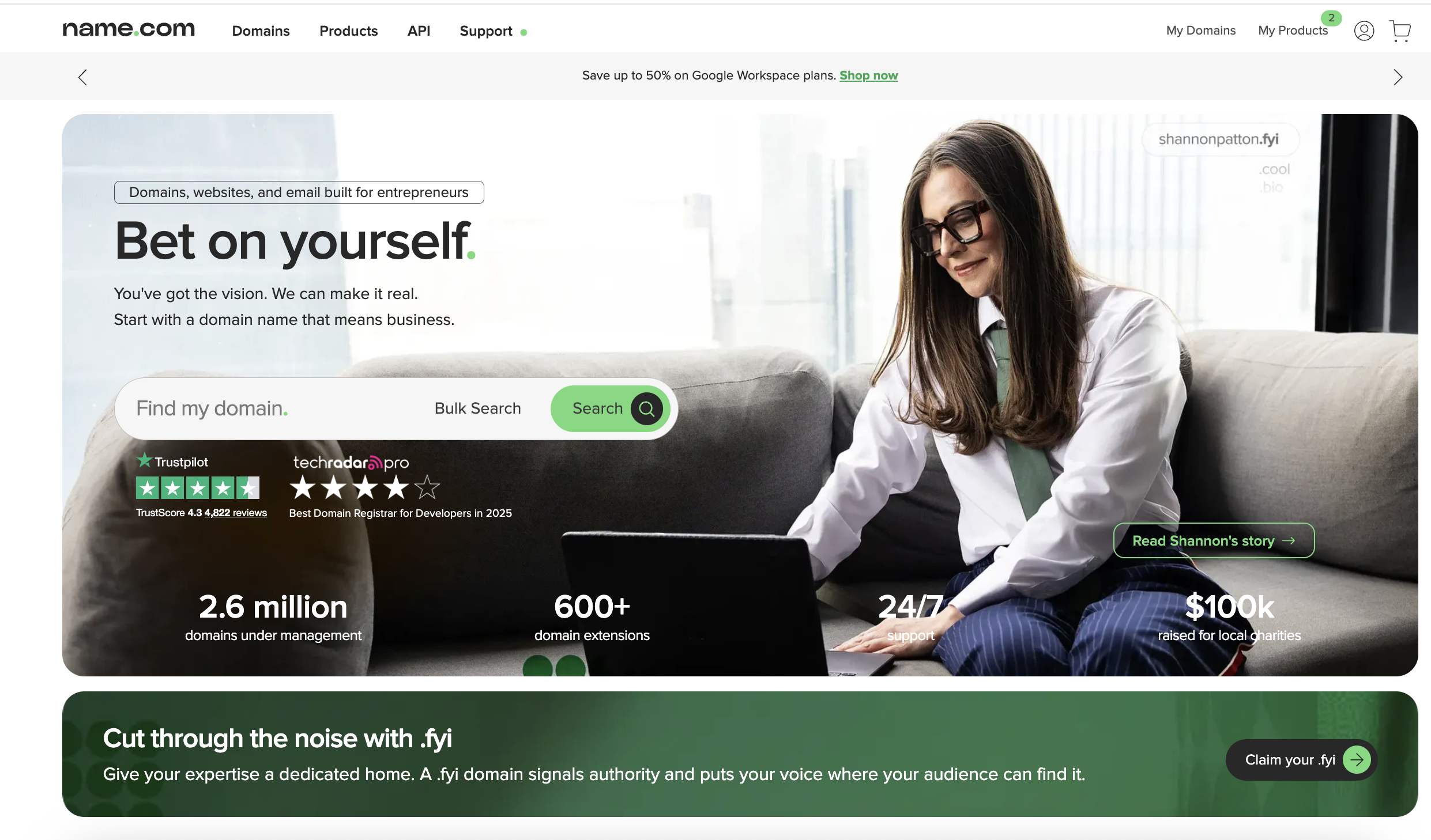 name.com homepage - Bet on yourself