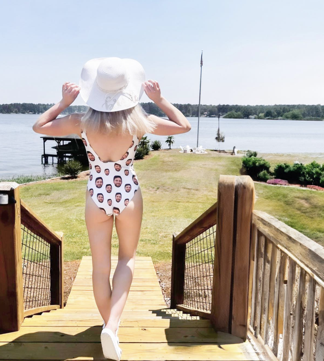 Custom face print swimsuit by lake
