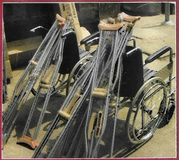 Wheelchairs and crutches ready for distribution