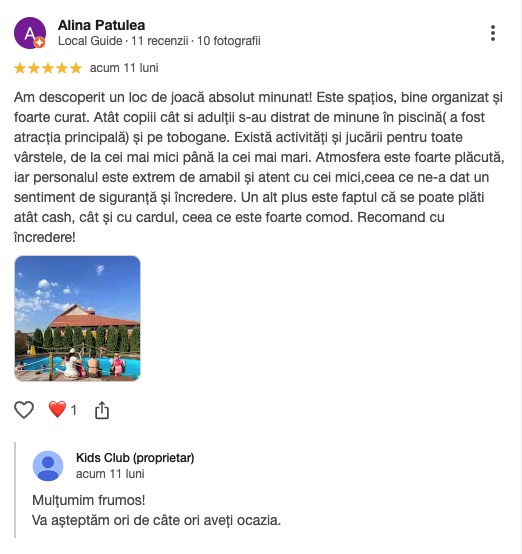 Recenzia Alina Patulea pe Google - loc de joacă și piscină Kids Club