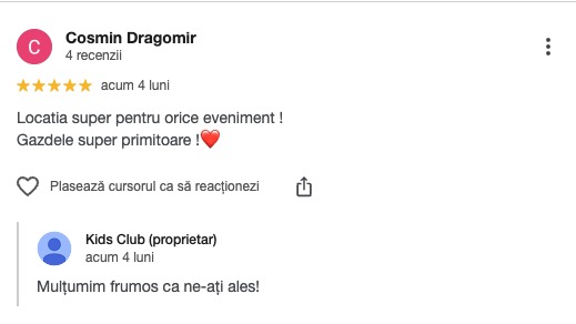 Recenzia Cosmin Dragomir pe Google - gazde primitoare Kids Club