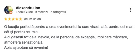 Recenzia Alexandru Ion pe Google - locație perfectă pentru evenimente